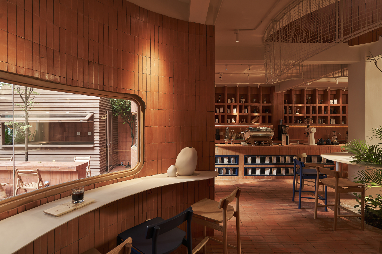 Warm wood interior with a reading area