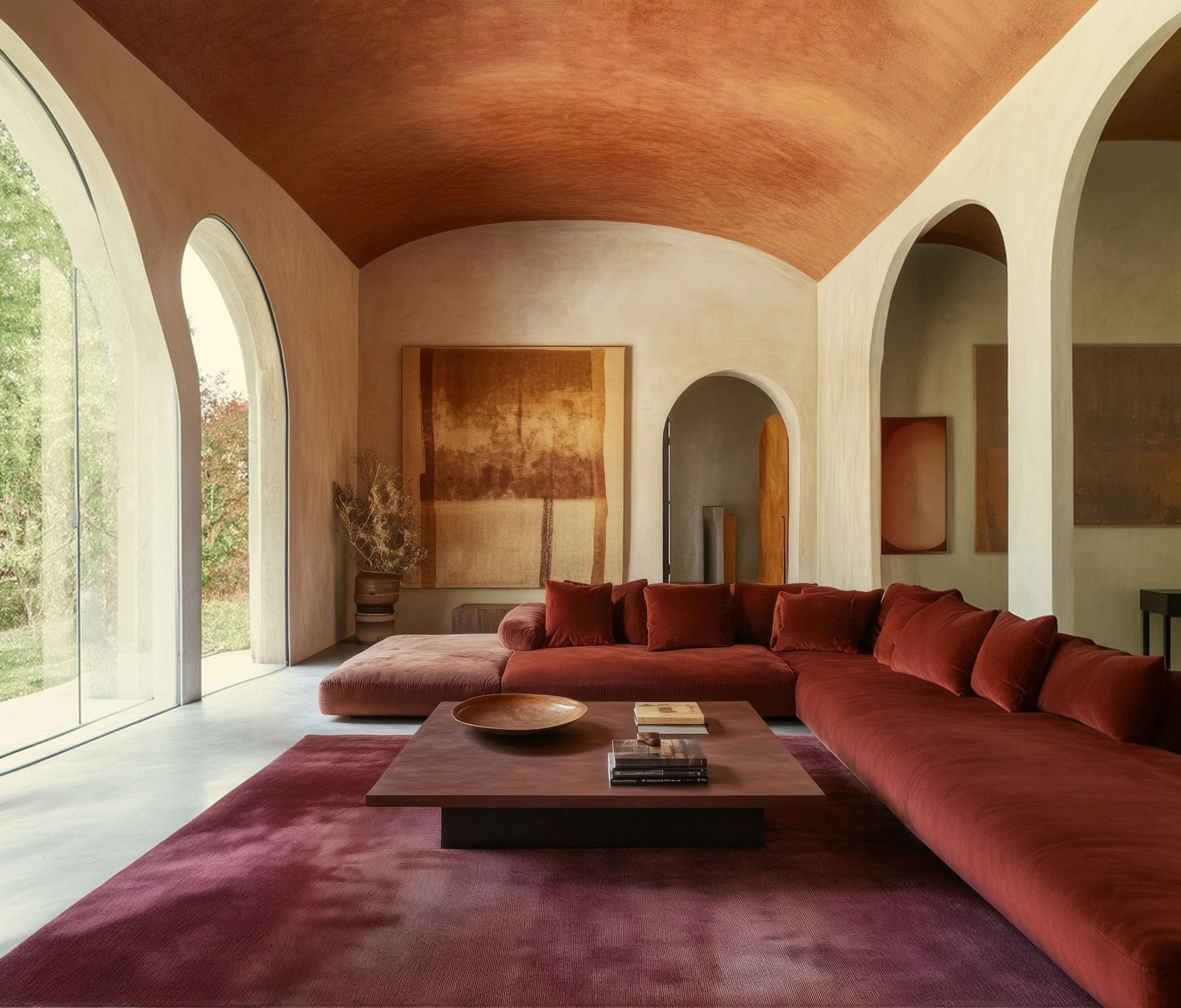 Sunlit living room with sculptural furniture and a rust-colored sofa